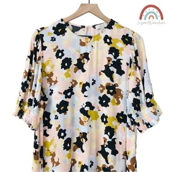 Loft Floral Smocked Short Sleeves Pastels Retro Modest Party Dress - Picture 3 of 10